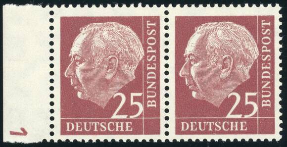 BRD 1960, Heuss lumogen MiNr. 186 y W DZ Druckerzeichen "1" positiv seltene Form