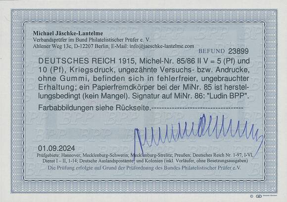 DR 1915 MiNr. 85-86 II V Versuchsdrucke