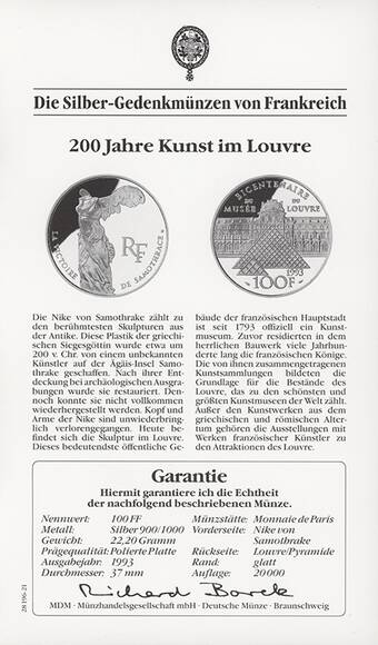 FRANKREICH 100 Francs 1993 Nike von Samothrake