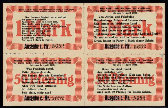 Parey a. d. Elbe 1921 Spar- und Creditbank 1047.7 f) Viererblock