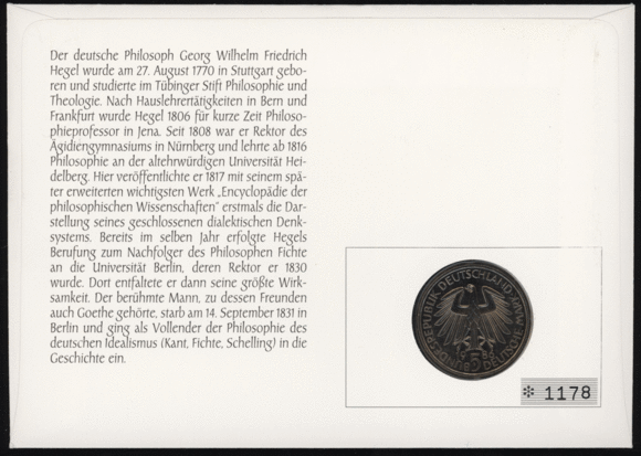 BRD 1986/1995 Numisbrief "225. Geburtstag Georg Wilhelm Friedrich Hegel"