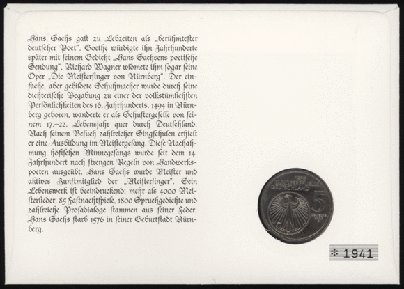 BRD 1985/1994 Numisbrief "500. Geburtstag Hans Sachs"