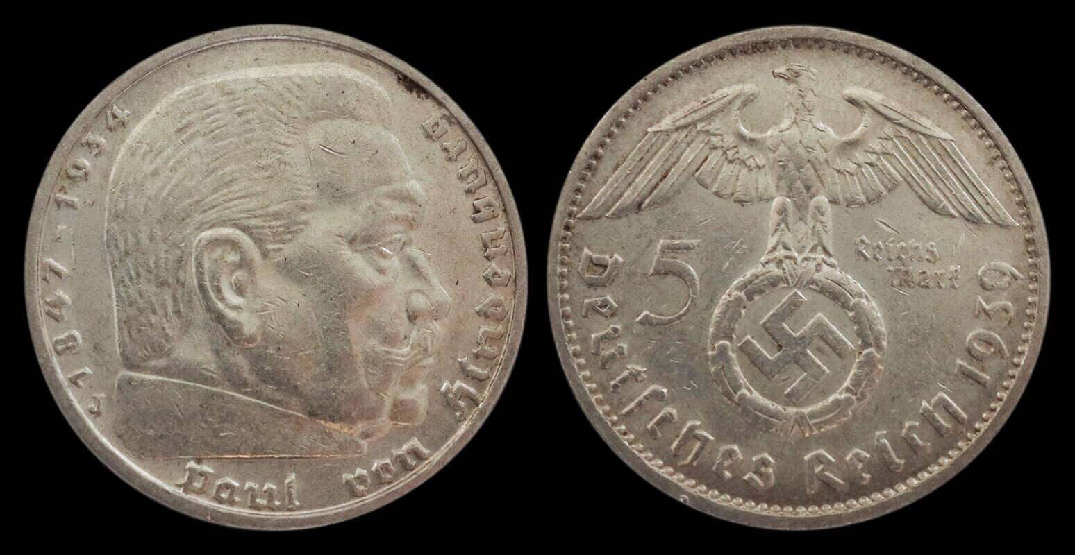 DRITTES REICH 5 Reichsmark Hindenburg 1936-1939 Jaeger 367