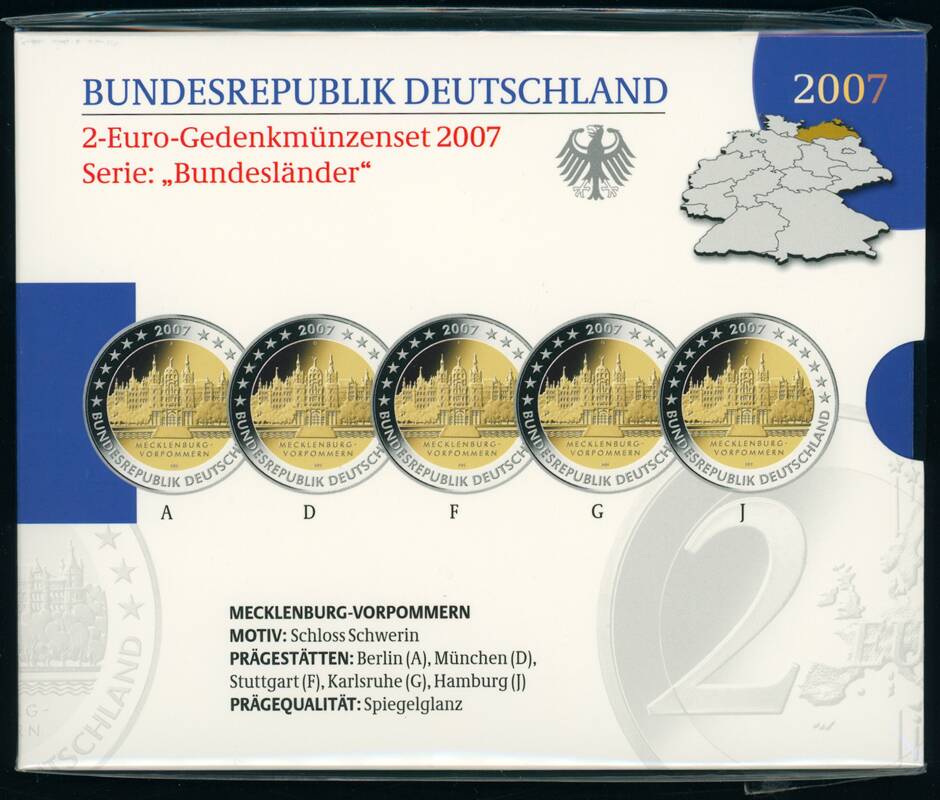 BRD 2007 Serie Bundesländer Mecklenburg-Vorpommern 5 x 2 Euro PP