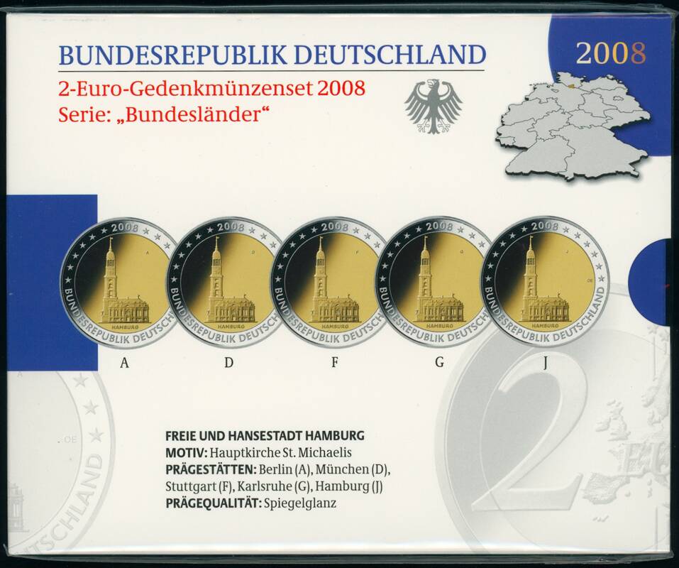 BRD 2008 Serie Bundesländer Hamburg 5 x 2 Euro PP