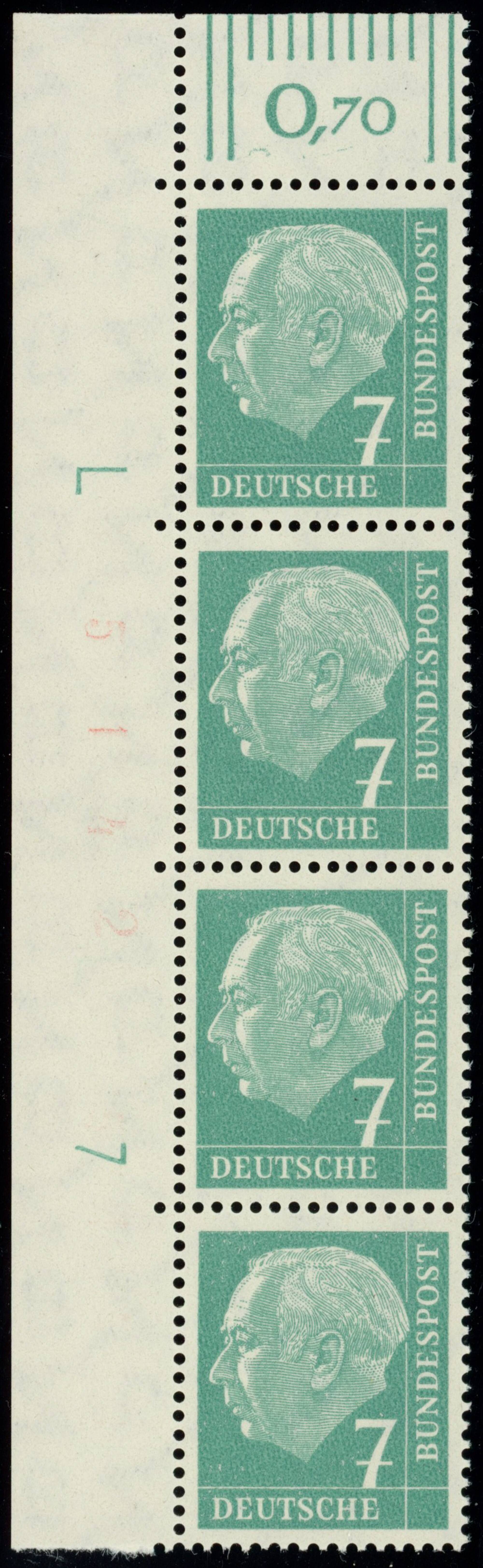 BRD 1960, Heuss lumogen, MiNr. 181 y W DZ Druckerzeichen 7 positiv und L