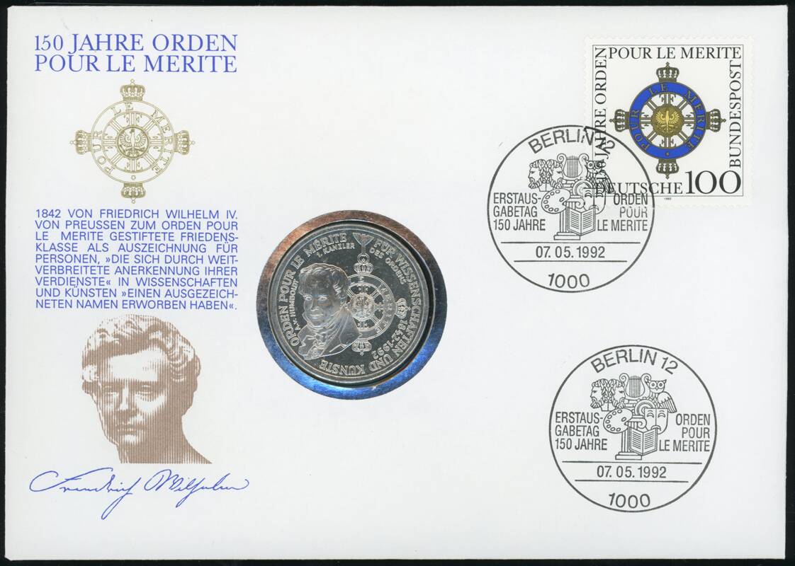 BRD 1992 Numisbrief 150 Jahre Orden pour le Merite