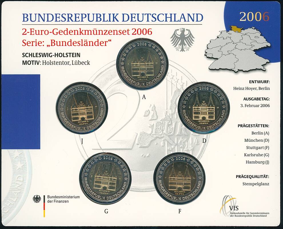 BRD 2006 Serie Bundesländer Schleswig-Holstein 5 x 2 Euro