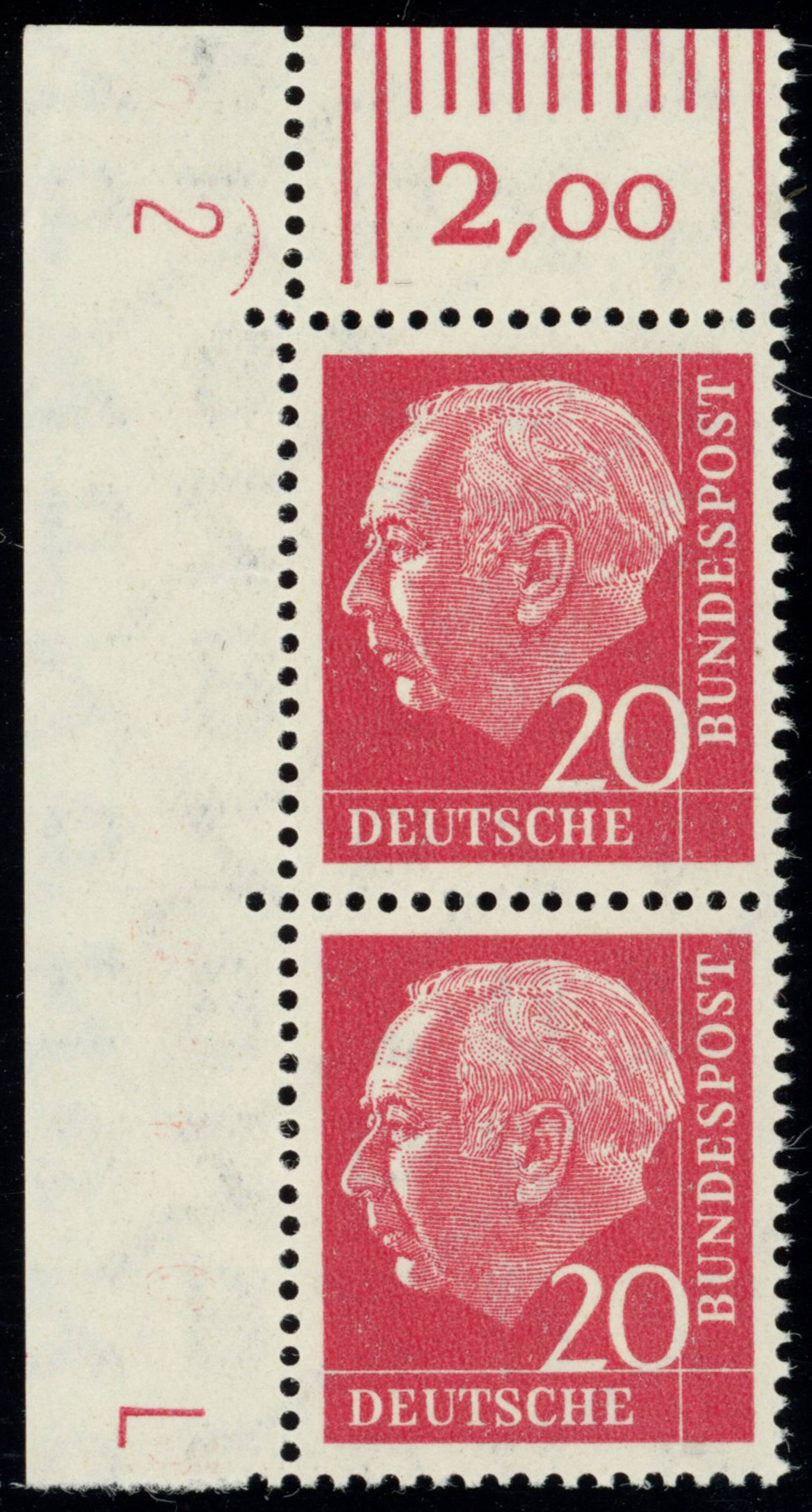 BRD 1960 Heuss lumogen MiNr. 185 y W DZ Druckerzeichen "8" positiv und "L"