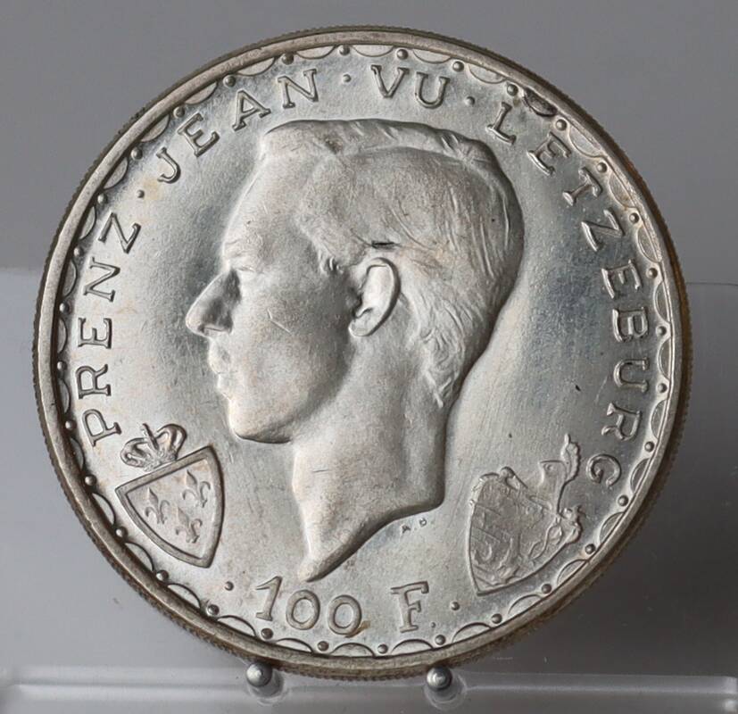 LUXEMBURG 100 Frang, Silber, 1946, Schlacht von Crécy, Johann der Blinde