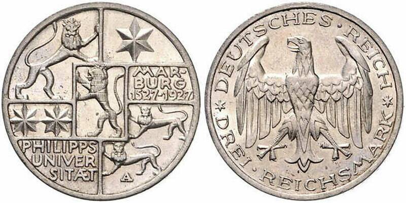 WEIMAR, 3 Reichsmark, 1927 A, Philipps-Universität, Jaeger 330