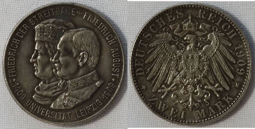 SACHSEN 2 Mark 1909 (E), 500-Jahrfeier der Universität Leipzig, Jaeger 138