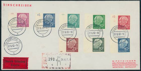BRD 1960 MiNr. 179-260 y Randsatz mit 5 Druckerzeichen auf Eilboten-R-Brief