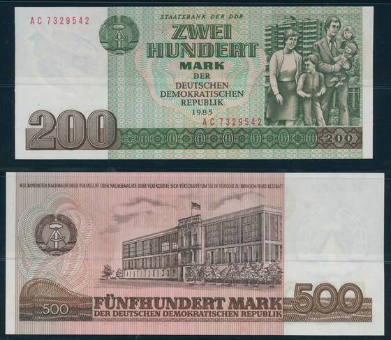 DDR 1985 nicht ausgegebene Banknoten zu 200 und 500 Mark