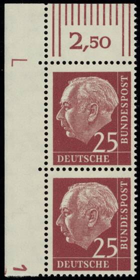 BRD 1960 Heuss lumogen MiNr. 186 y W DZ  Druckerzeichen "1" positiv und "L"