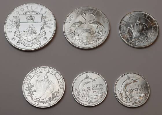 BAHAMAS 1966-1972, schönes Lot mit 6 Silbermünzen 
