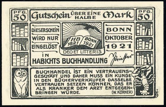 Bonn 1921 Habichts Buchhandlung 140.1 a ) 50 Pfg.