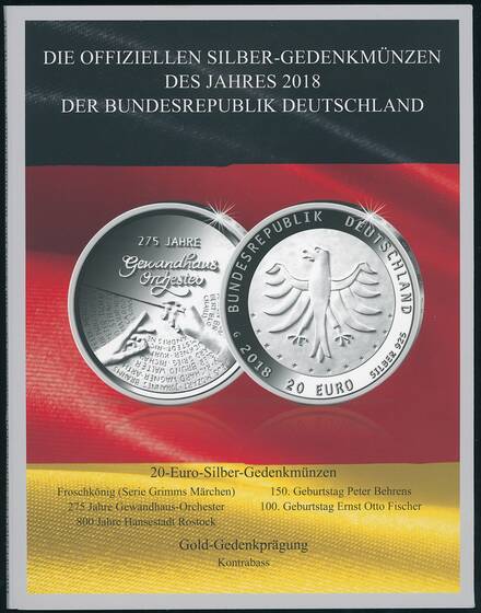 BRD 5 x 20 Euro Silber-Gedenkmünzen 2018 komplett mit Gold-Gedenkprägung