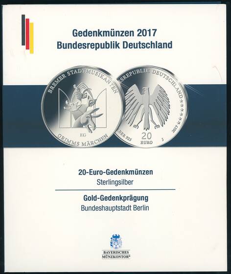 BRD 2017 5 x 20 Euro Jahrgang komplett im Steckfolder mit Gold-Gedenkprägung