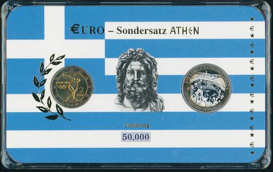 GRIECHENLAND Sondersatz mit Olympia-Sondermünze 2 Euro 2004