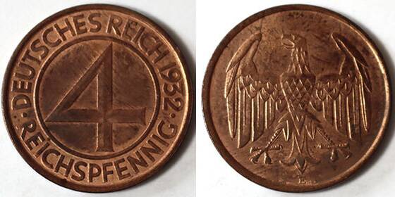 WEIMAR 4 Reichspfennig, 1932 E, Jaeger 315