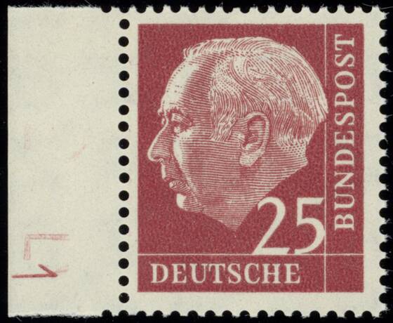 BRD 1960, Heuss lumogen MiNr. 186 y W DZ Druckerzeichen "1" positiv