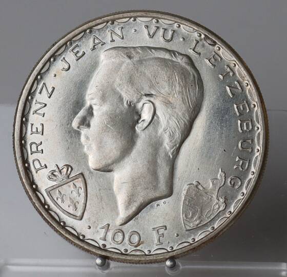 LUXEMBURG 100 Frang, Silber, 1946, Schlacht von Crécy, Johann der Blinde