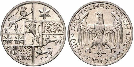 WEIMAR, 3 Reichsmark, 1927 A, Philipps-Universität, Jaeger 330