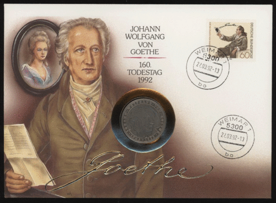 BRD 1982/1992 Numisbrief "Johann Wolfgang von Goethe/160. Todestag 1992"