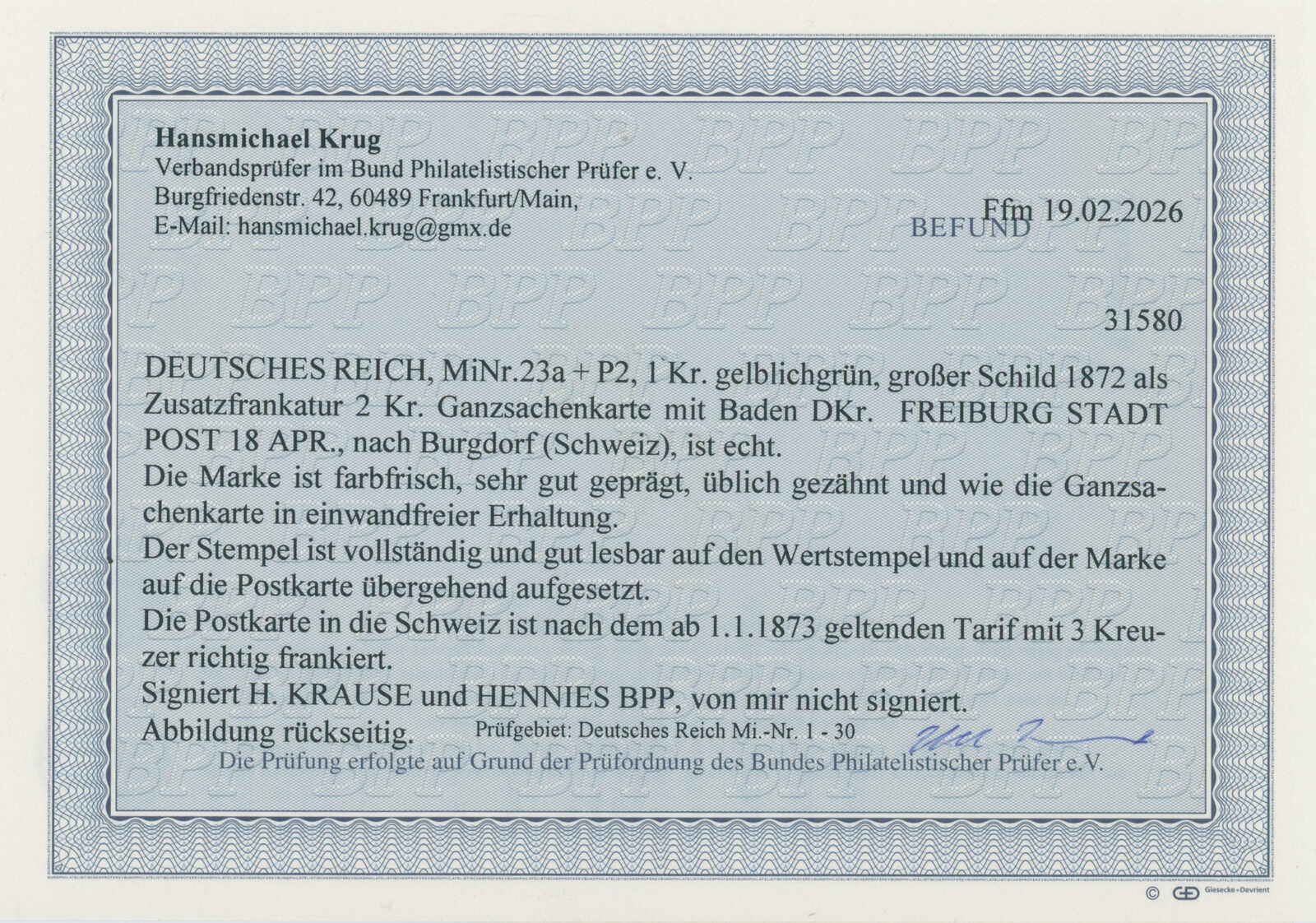 DEUTSCHES REICH 1872/1873 MiNr. 23 a auf Ganzsachenkarte 2 Kreuzer P 2