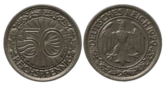 WEIMAR 50 Reichspfennig 1929 A Jaeger 324 WEIMAR 50 Reichspfennig 1929 A Jaeger 324