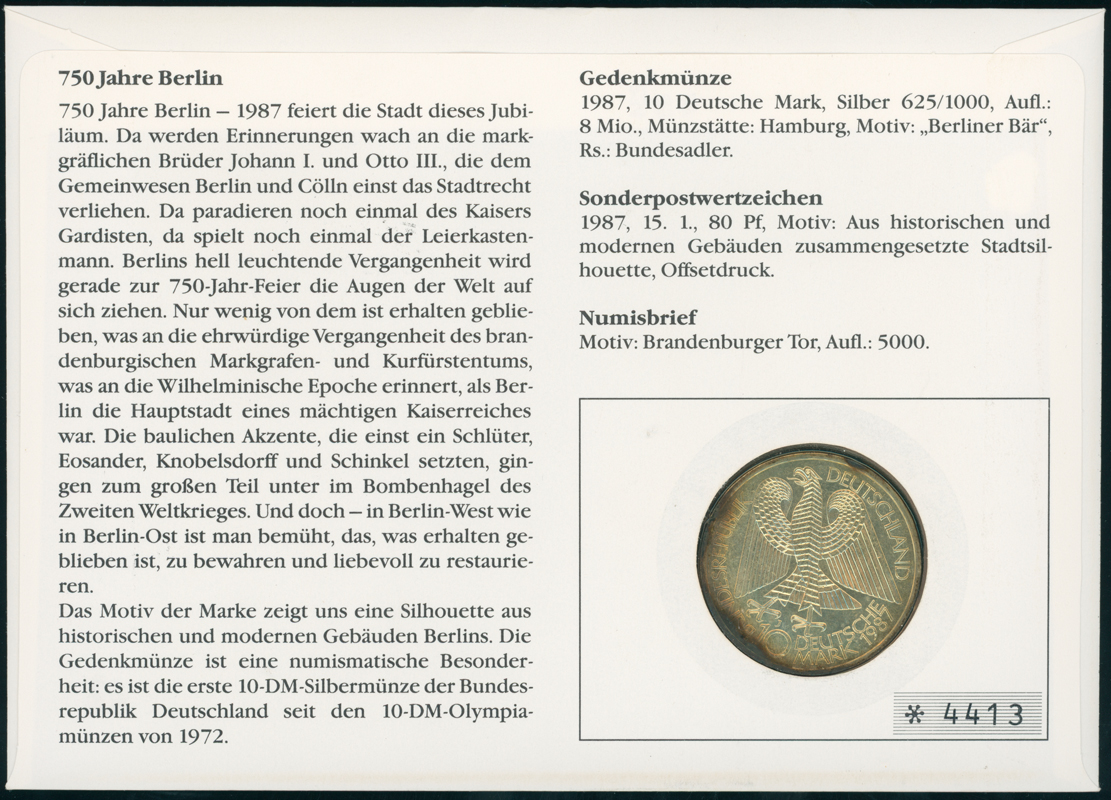 BRD/BERLIN 1987/1987 Numisbrief 750 Jahre Berlin