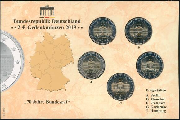 BRD 2019 70 Jahre Bundesrat 5 x 2 Euro BRD 2019 70 Jahre Bundesrat 5 x 2 Euro