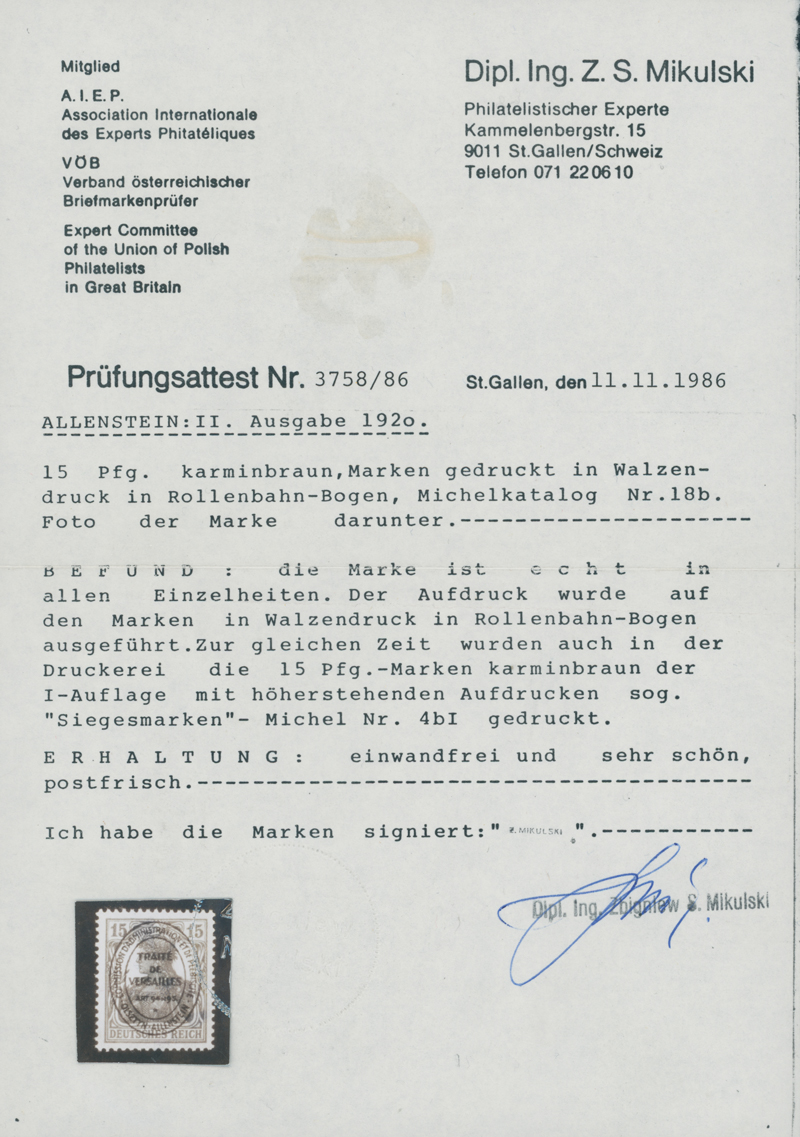 ALLENSTEIN 1920 MiNr. 18 b