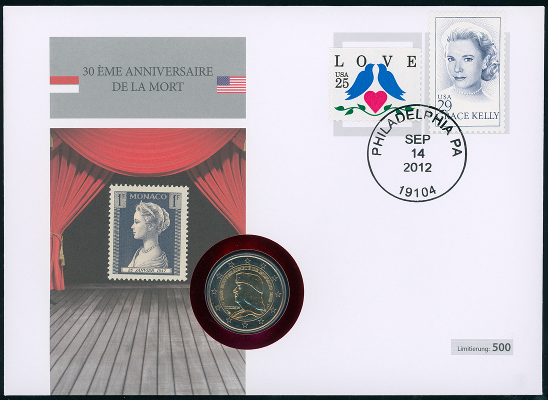 MONACO/USA 2012 Numisbrief 2 Euro 2012 Lucien Grimaldi Grace Kelly MONACO/USA 2012 Numisbrief 2 Euro 2012 Lucien Grimaldi Grace Kelly