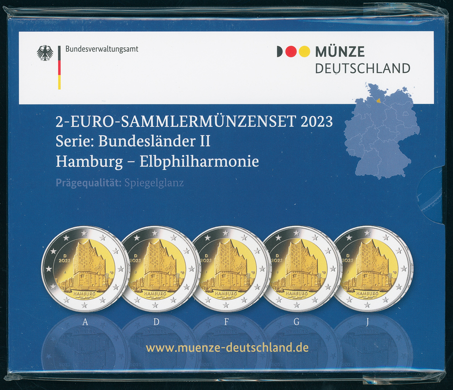 BRD 2023 Serie Bundesländer II 5 x 2 Euro PP Hamburg-Elbphilharmonie BRD 2023 Serie Bundesländer II 5 x 2 Euro PP Hamburg-Elbphilharmonie