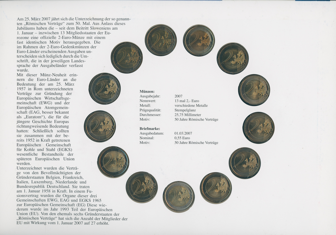 50 JAHRE RÖMISCHE VERTRÄGE 1957-2007 mit 13 x 2 Euro Komplettset im Numisbrief