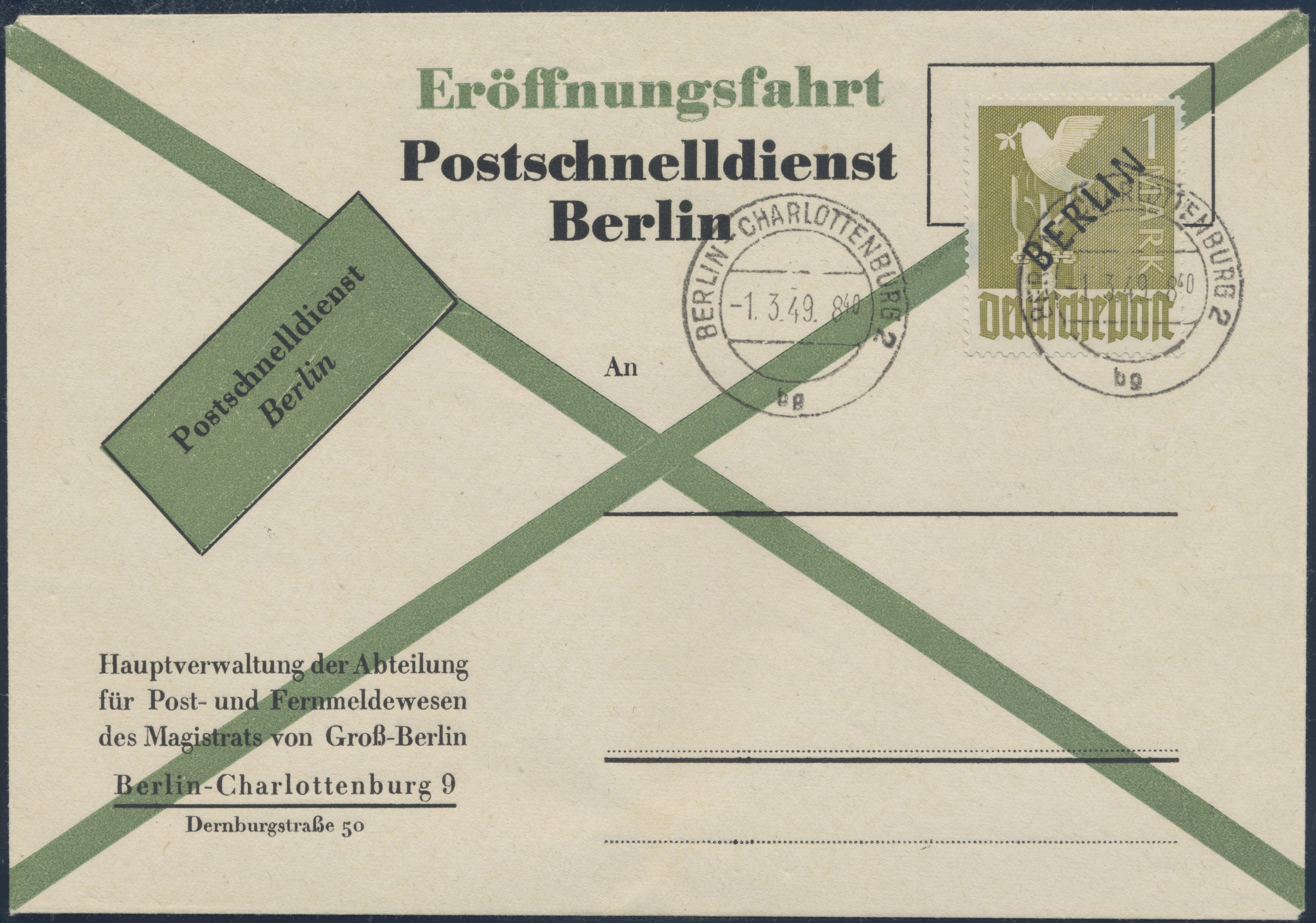 BERLIN 1949 Postschnelldienst-FDC mit MiNr, 17 a und Ankündigungsblatt