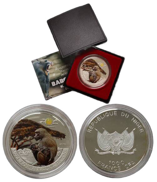 NIGER 2013 wunderschöne Gedenkmünze 1000 Fr. Babouin Olive