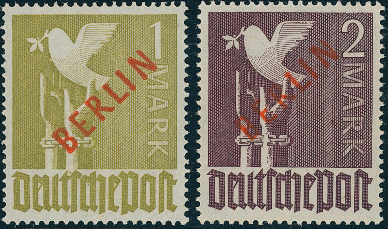 BERLIN 1949 MiNr. 33 + 34 AF VII seltener Aufdruckfehler BERLIN 1949 MiNr. 33 + 34 AF VII seltener Aufdruckfehler