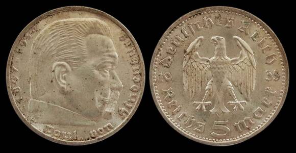 DRITTES REICH 5 Reichsmark Hindenburg 1935-1936 Jaeger 360