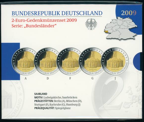 BRD 2009 Serie Bundesländer Saarland 5 x 2 Euro PP BRD 2009 Serie Bundesländer Saarland 5 x 2 Euro PP