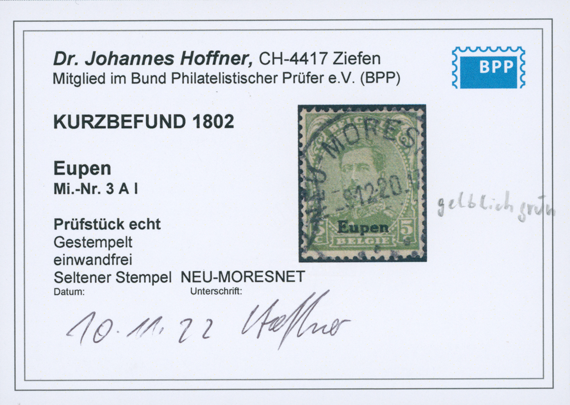 EUPEN 1920 MiNr. 3 A I seltener Stempel