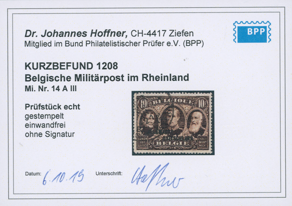 BELGISCHE MILITÄRPOST IM RHEINLAND 1919 MiNr. 14 III A