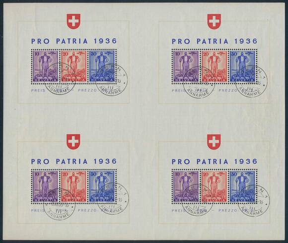 SCHWEIZ 1936 Block 2 Großbogen zu vier Blocks