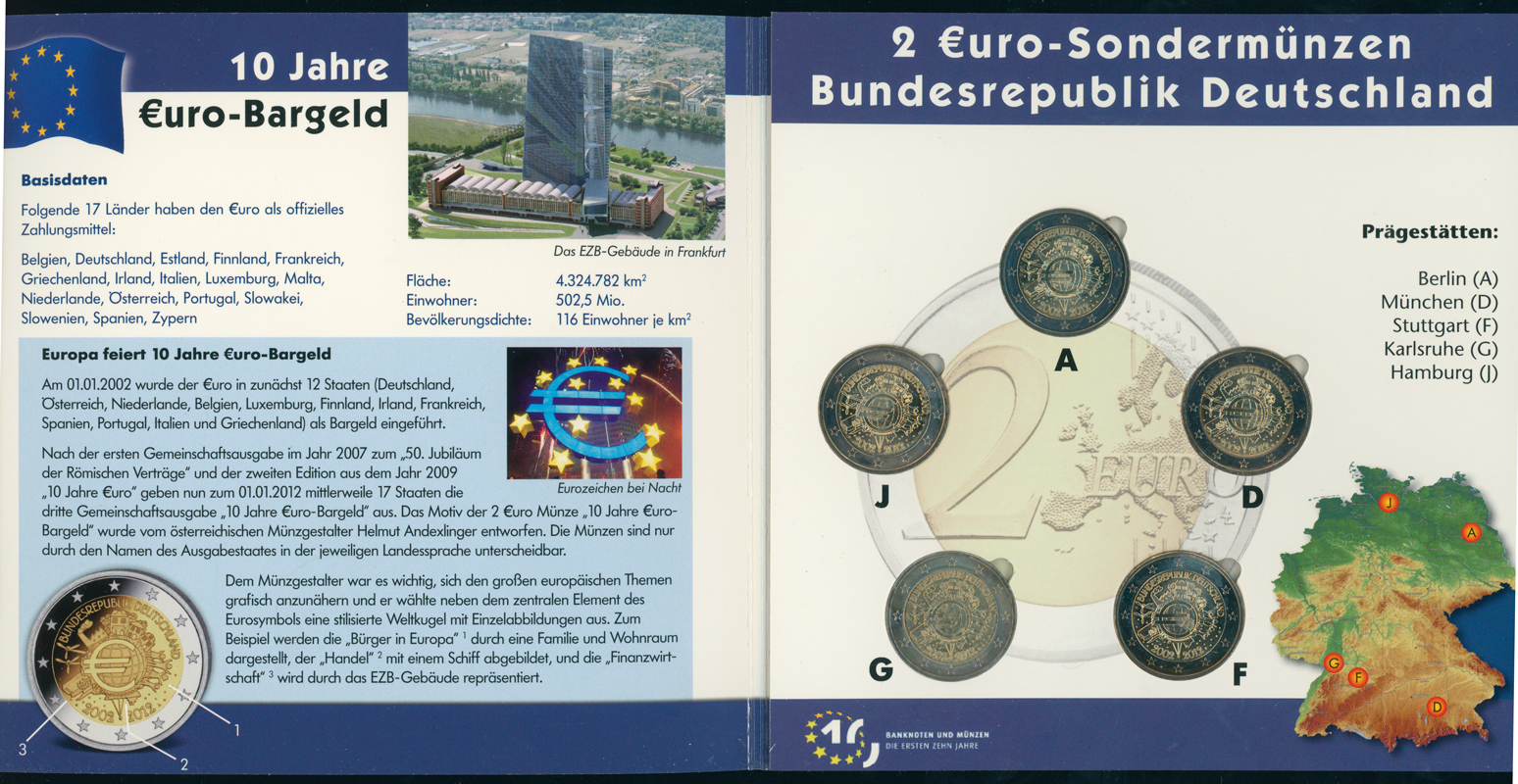 BRD 2012 10 Jahre Euro-Bargeld 5 x 2 Euro in schönem Folder