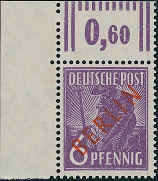 BERLIN 1949 MiNr. 22 W OR Bogenecke links oben