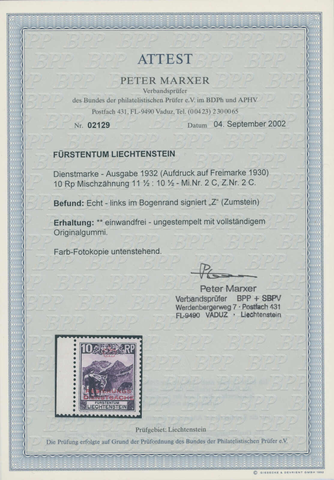 LIECHTENSTEIN 1932 Dienst MiNr. D 2 C seltene Zähnung