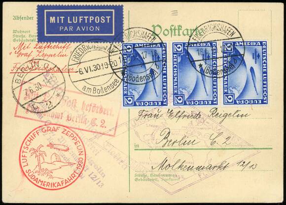 DR 1930 Zeppelinkarte der Südamerikafahrt des LZ 127 mit 3mal MiNr. 438 Y DR 1930 Zeppelinkarte der Südamerikafahrt des LZ 127 mit 3mal MiNr. 438 Y