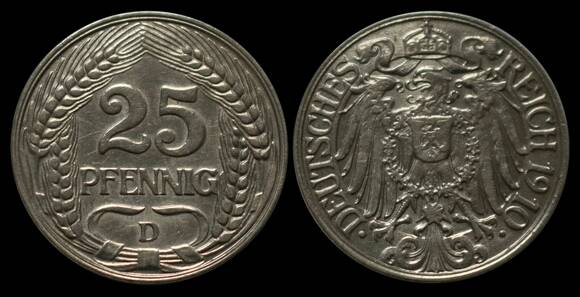 KAISERREICH, 25 Pfennig, 1910 D, Jaeger 18